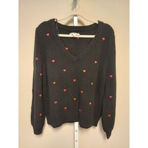 Lucky‎ Brand Womens Black V-Neck Sweater Red Embroidered Hearts XL Pullover